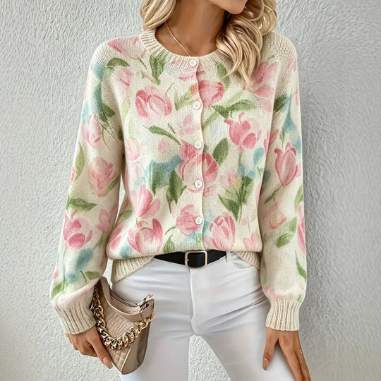 Damen Leichter Jacquard‑Strickcardigan mit Leo‑Print, Rundhalsausschnitt und Knopfleiste EB