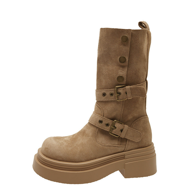Damen Chunky Stiefel mit modischem Schnallen-Design und robuster Sohle EB