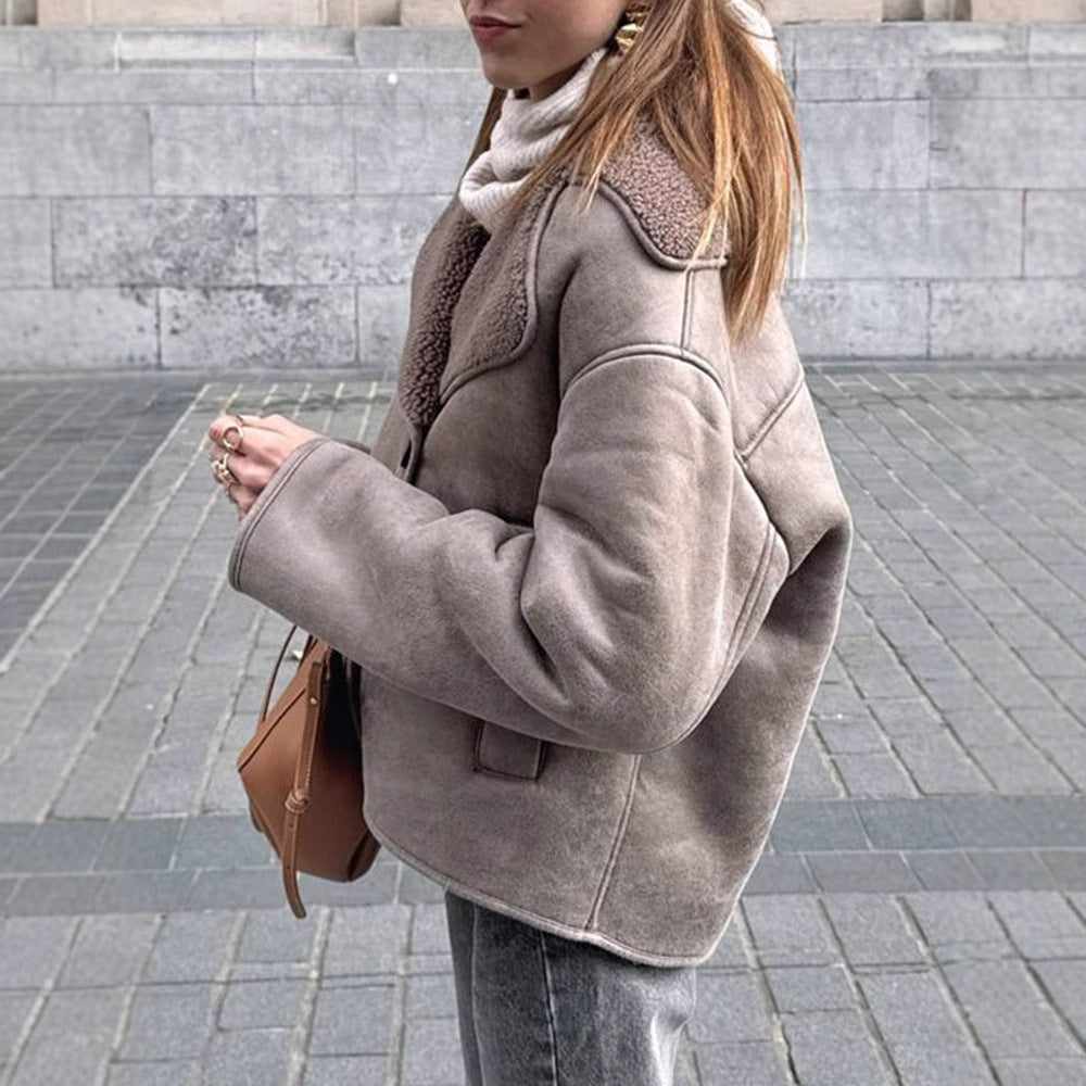 Damen Oversized Kunstlederjacke mit strukturiertem Futter und lässigem Schnitt EB