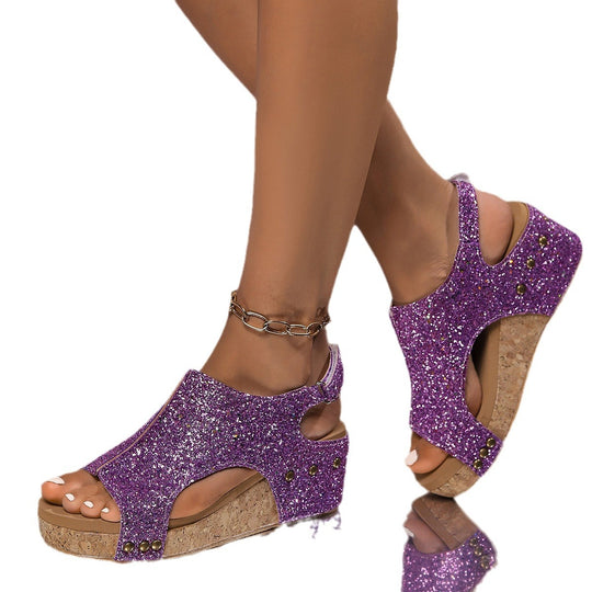 Damen Wedge-Sandaletten mit glitzerndem Obermaterial und ergonomischem Fußbett EB