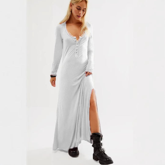 Damen Maxikleid mit knopflosem Ausschnitt und seitlichem Schlitz EB