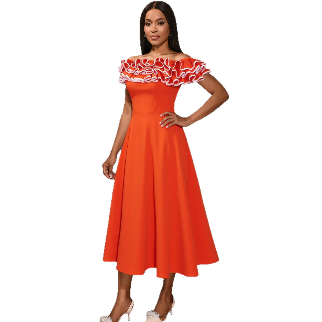 Damen A-Linien Abendkleid mit Off-Shoulder Rüsche EB