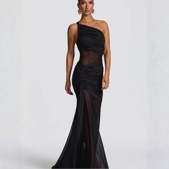 Damen elegantes asymmetrisches Abendkleid mit raffinierten Rüschendetails EB