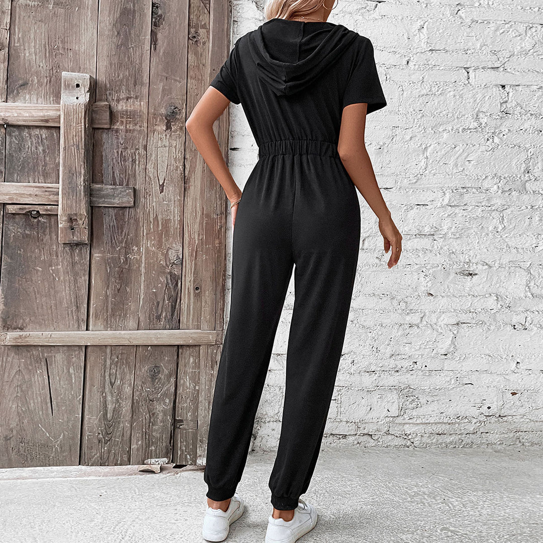 Damen moderner Kurzarm-Jumpsuit mit praktischen Taschen und Kapuze EB