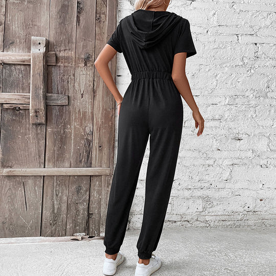 Damen moderner Kurzarm-Jumpsuit mit praktischen Taschen und Kapuze EB