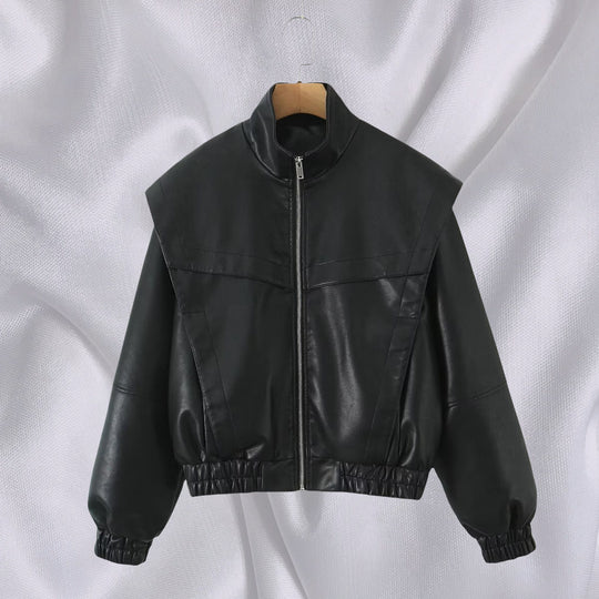 Damen elegante Kunstlederjacke mit hohem Kragen EB