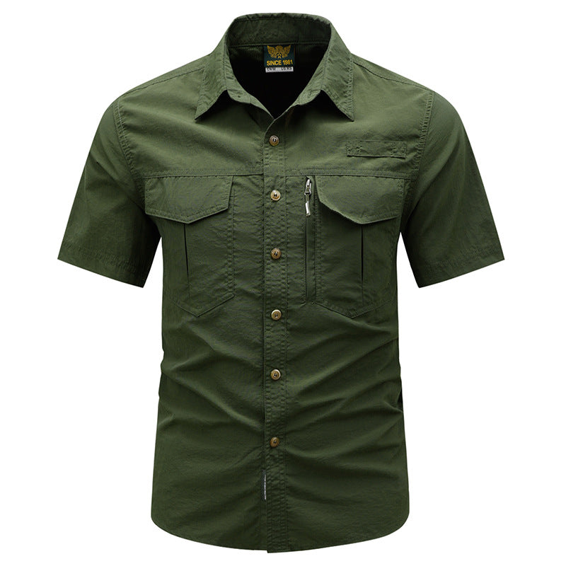 Men's  tactical short sleeve button shirt with dual flap chest pockets and discreet zip utility pocket EB