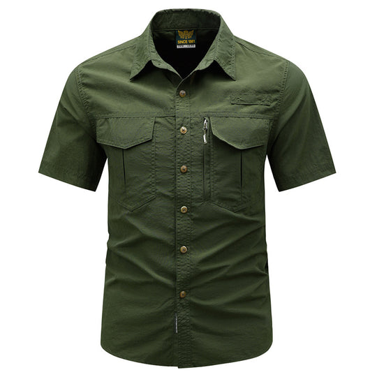 Men's  tactical short sleeve button shirt with dual flap chest pockets and discreet zip utility pocket EB