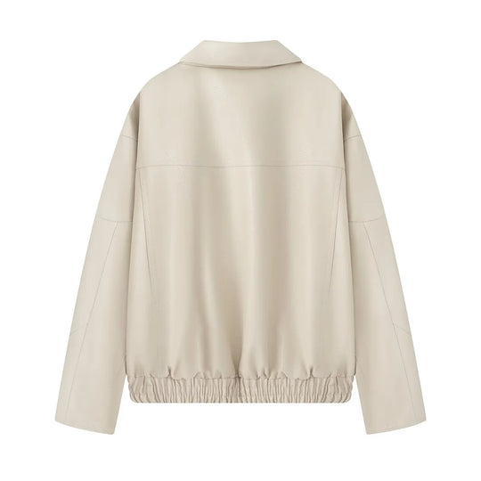 Damen modische Kunstlederjacke mit elastischem Saum und praktischen Taschen EB