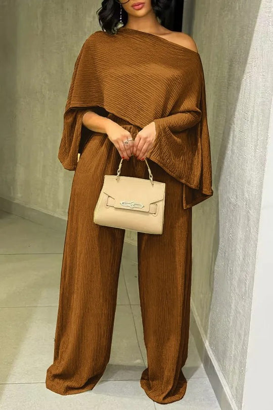 Damen Zweiteiliges Strukturiertes Loungewear‑Set mit Cropped‑Capeoberteil und Maxirock mit Seitenschlitz EB