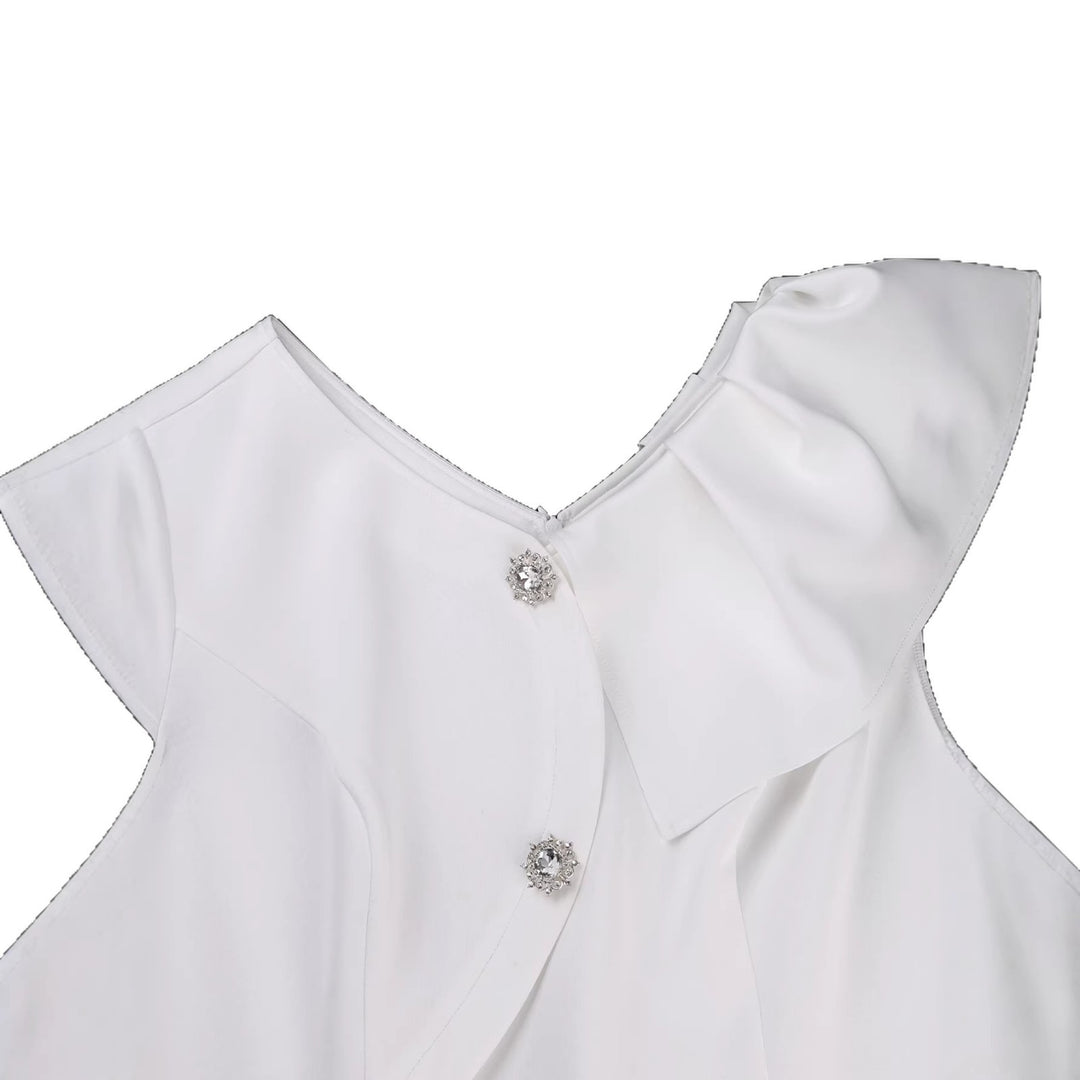 Damen elegantes Wickelkleid mit Rüschenkante und funkelnden Knopfdetails EB