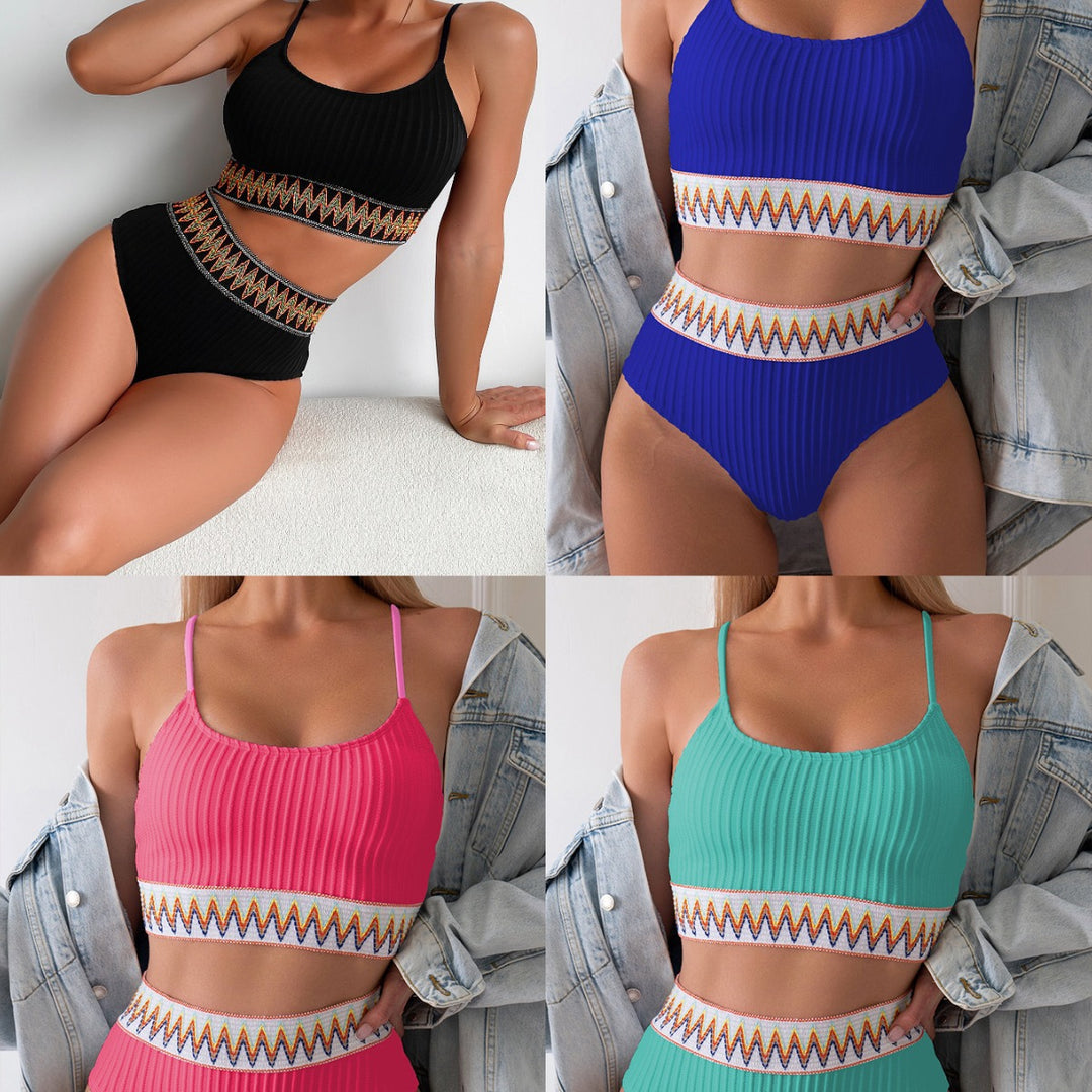 Damen Bikini-Set mit figurbetonendem Rippenmuster und buntem Elastikbund EB