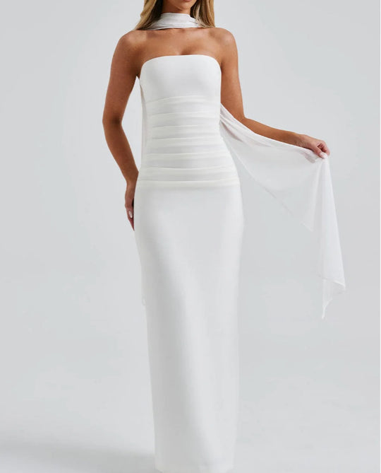 Damen Trägerloses Abendkleid mit raffiniertem Wickeldesign und zarten Chiffon-Ärmeln EB