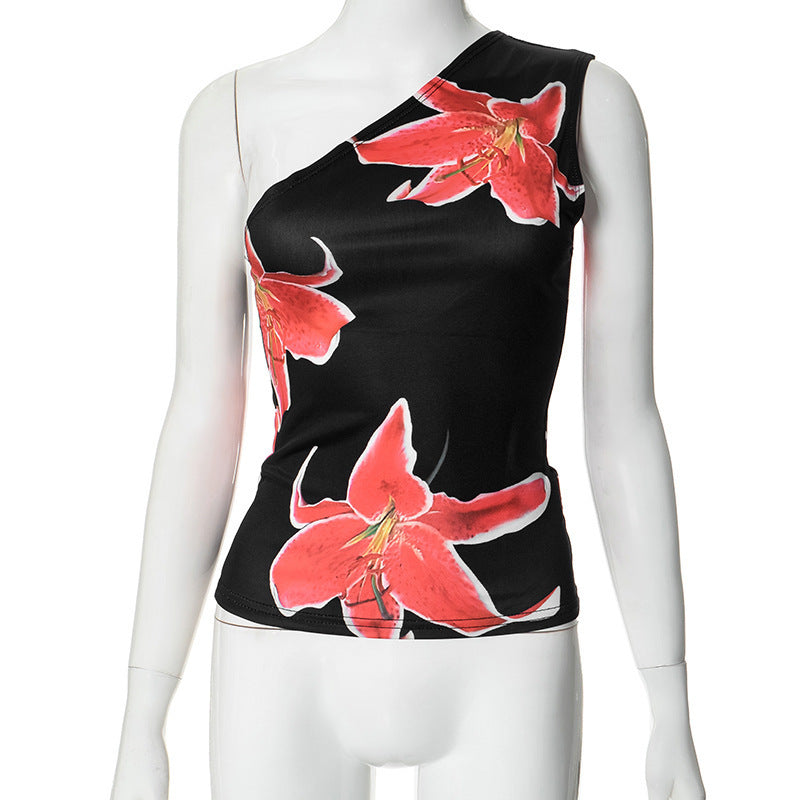 Damen asymmetrisches Trägershirt mit floraler Druckgestaltung EB