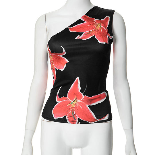 Damen asymmetrisches Trägershirt mit floraler Druckgestaltung EB