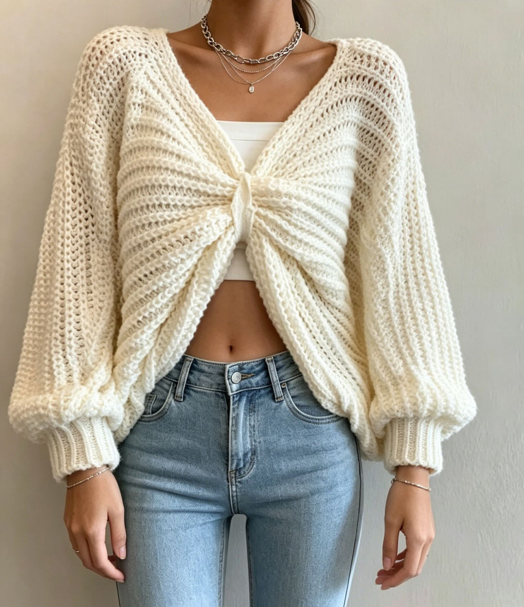 Damen Cropped Strickcardigan mit Knotendetail und Ballonärmeln EB