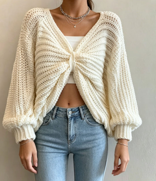 Damen Cropped Strickcardigan mit Knotendetail und Ballonärmeln EB