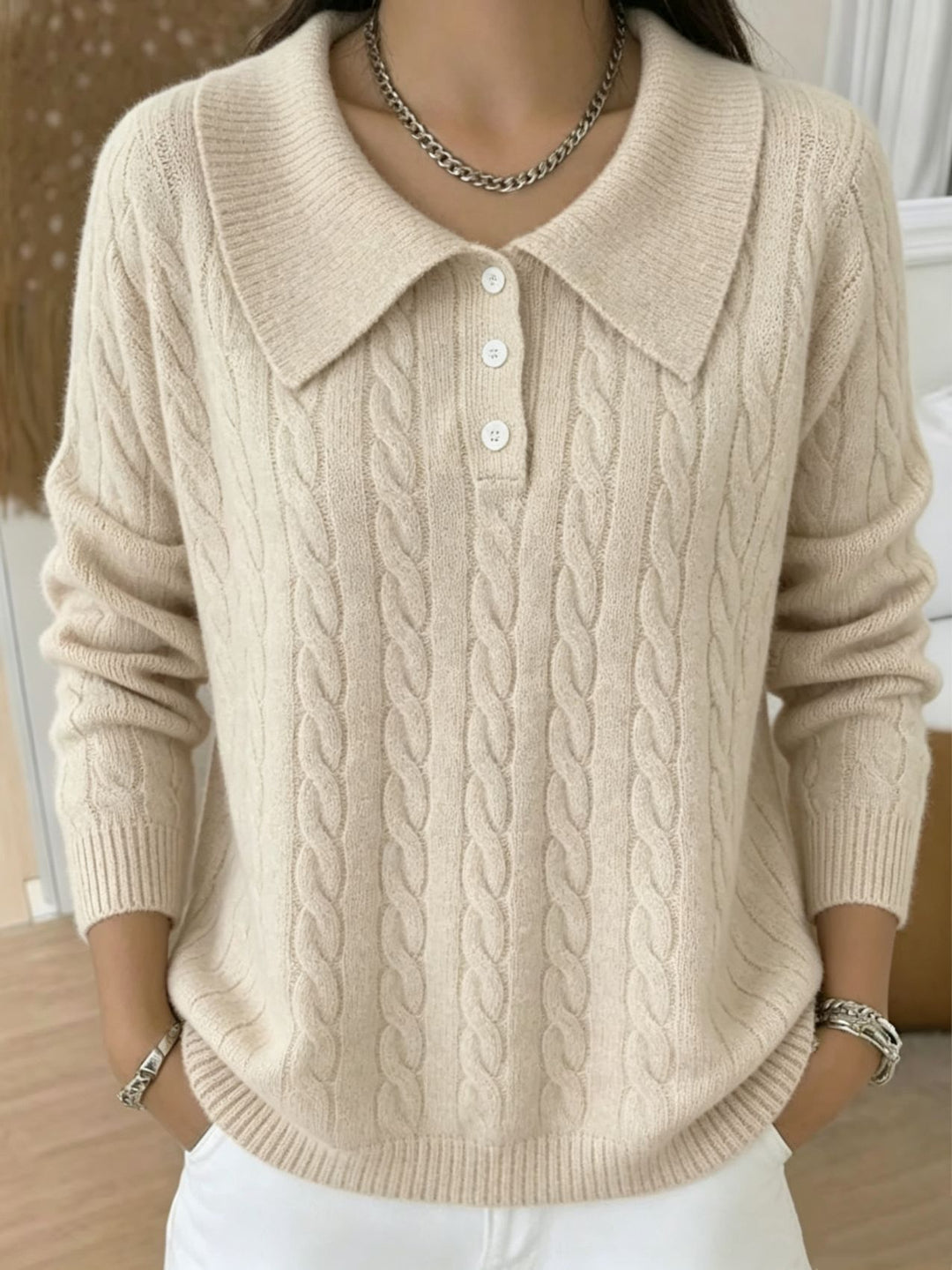 Damen Kabelstrick-Polo-Pullover mit großem Umlegekragen und lockerer Silhouette EB