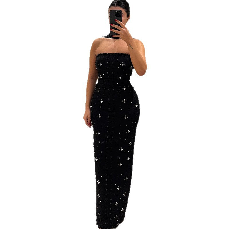 Damen Couture Maxikleid mit schimmernden Pailletten und strapless Design EB