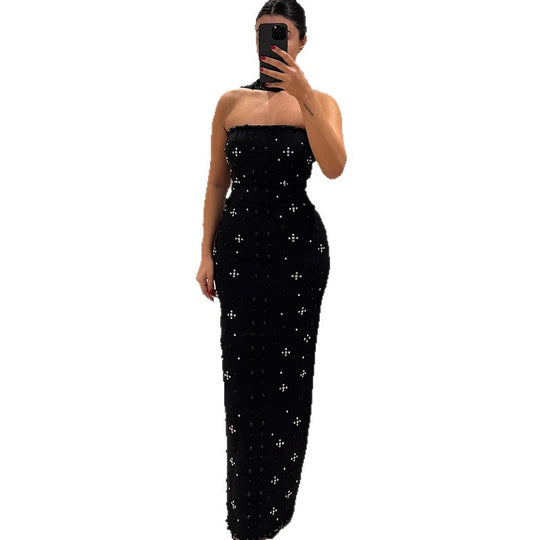 Damen Couture Maxikleid mit schimmernden Pailletten und strapless Design EB