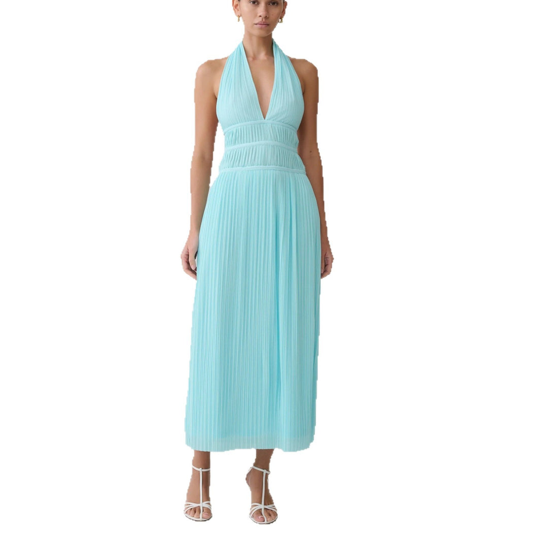 Damen Fließendes Maxikleid mit tiefem V-Ausschnitt und Plisseedetails EB
