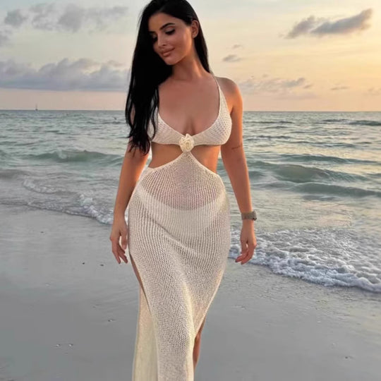 Damen Transparentes Strandkleid mit tiefem V-Ausschnitt EB