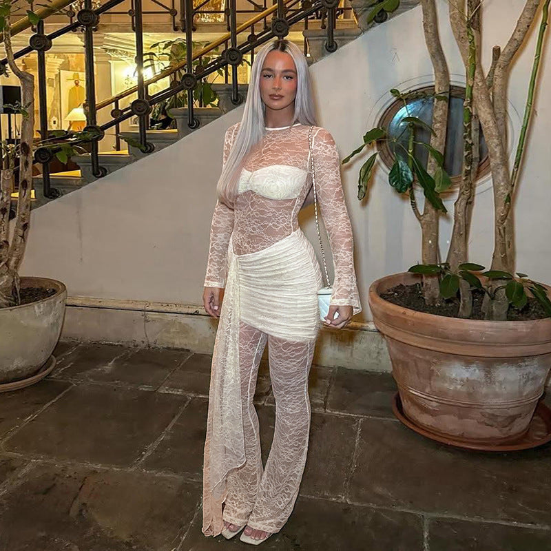 Damen Eleganter Overall aus Spitze mit langen Ärmeln EB