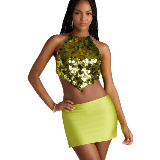Damen Glamouröses Haltertop mit funkelnden Pailletten und elegantem Schnitt EB