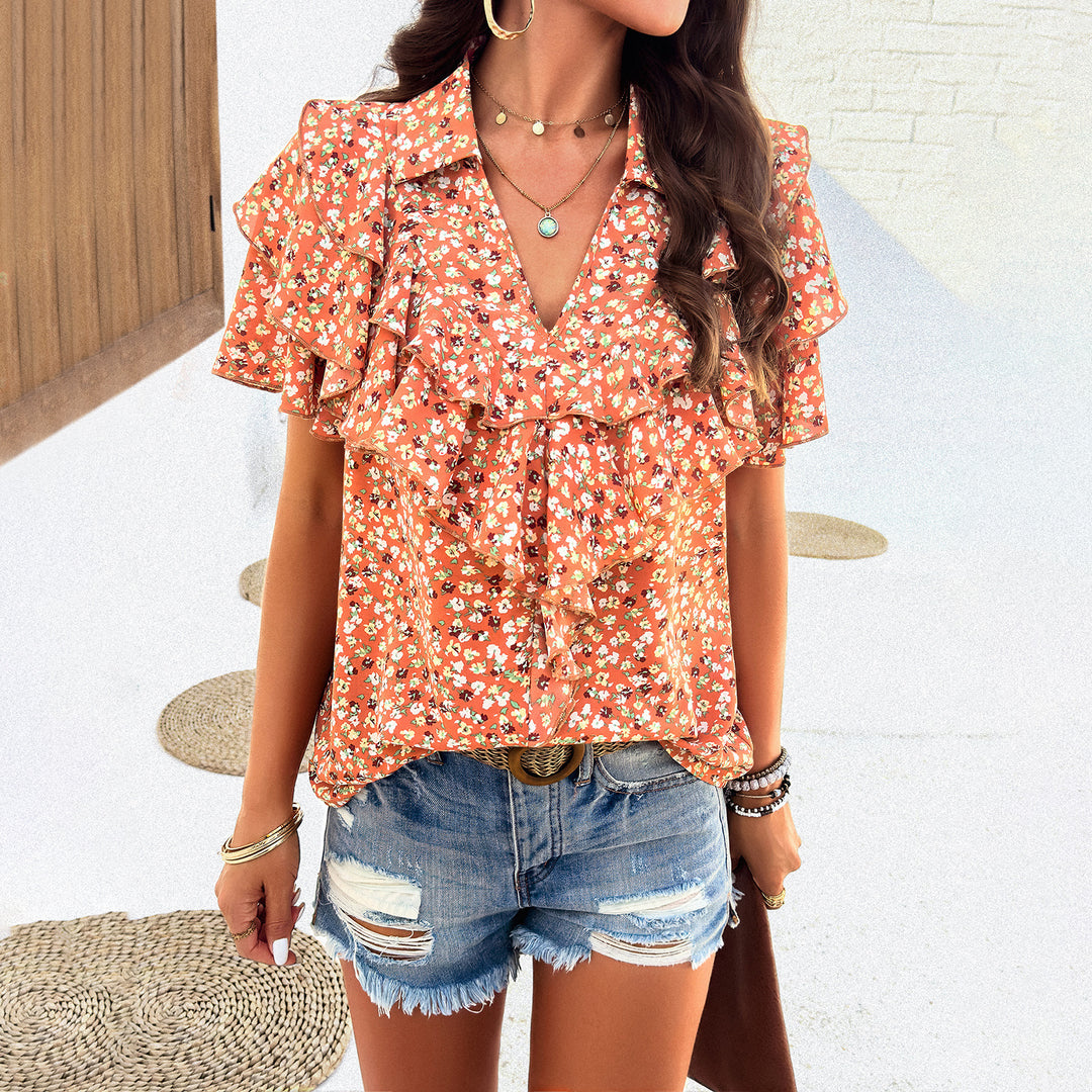 Damen Bluse mit voluminösen Rüschen und floralen Mustern EB