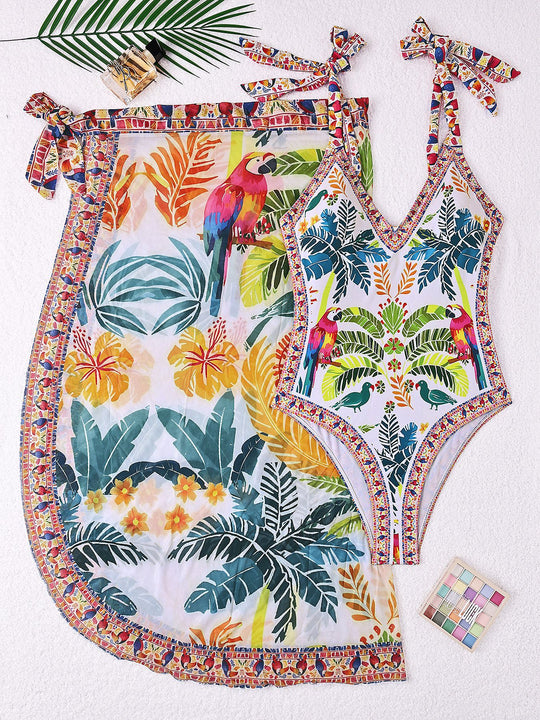 Damen Schwimmkleid mit floralem Design und Überwurf EB