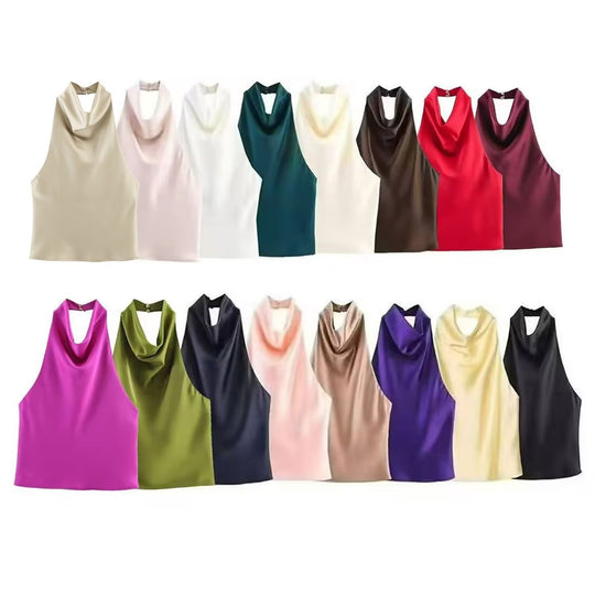 Damen elegantes Haltertop mit fließendem Schnitt und dekorativen Details EB