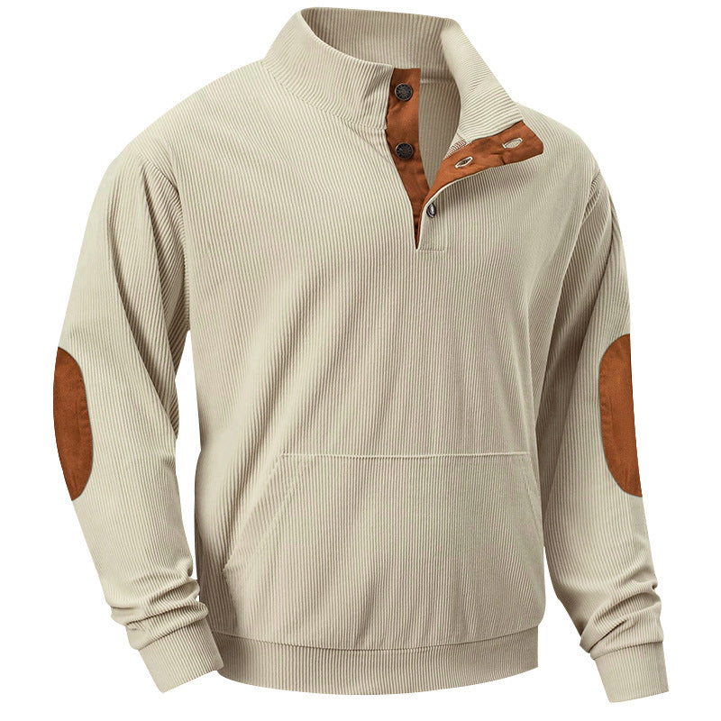 Herren nan geripptes Stehkragen-Pullover mit Knopfleiste, Kängurutasche und Wildleder-Ellenbogenpatches EB