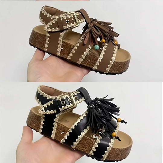 Damen lässige Sandalen mit dekorativen Quasten und verstellbarem Riemen EB