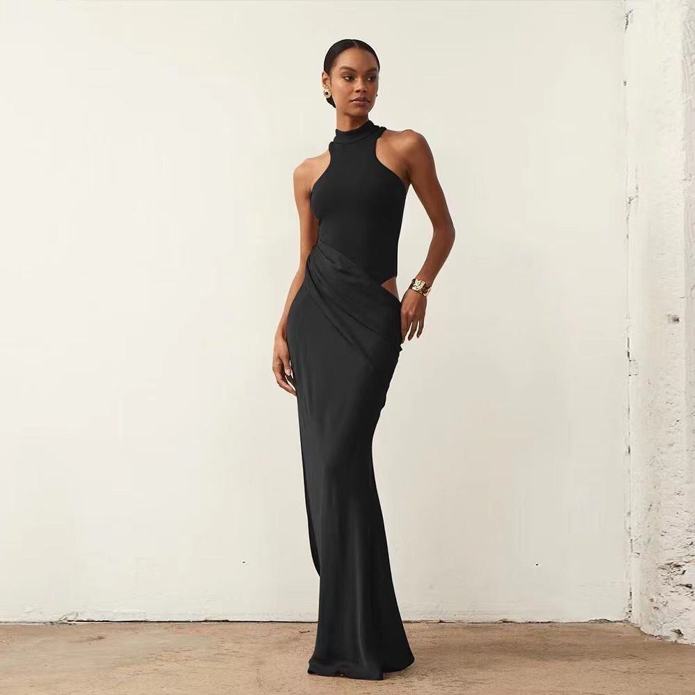 Damen Elegantes bodenlanges Kleid mit hochgeschlossenem Kragen und asymmetrischer Drapierung EB