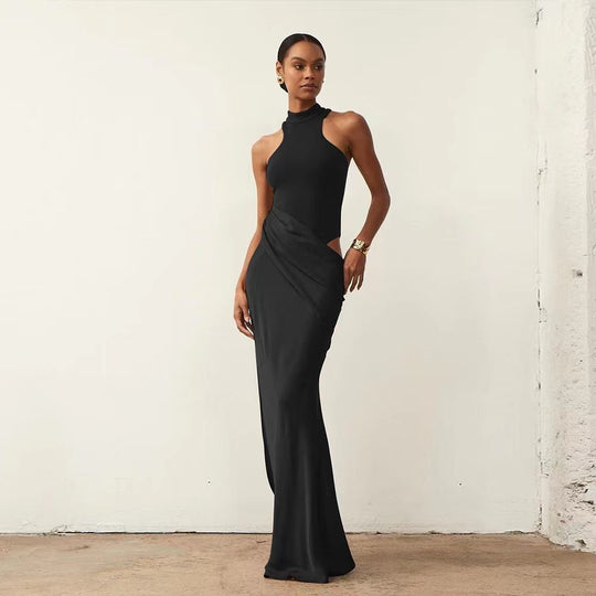 Damen Elegantes bodenlanges Kleid mit hochgeschlossenem Kragen und asymmetrischer Drapierung EB