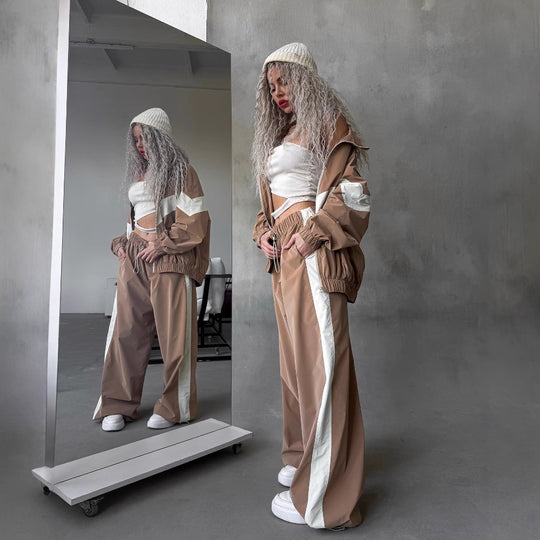 Damen Zweiteiliges Oversized Windbreaker-Set mit Kontraststreifen, Elastischem Saum und Tunnelzughose EB