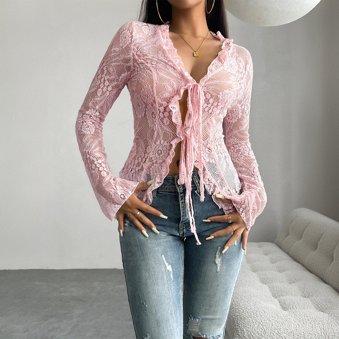 Damen Spitzenbluse mit Rüschendetails und tailliertem Schnitt EB