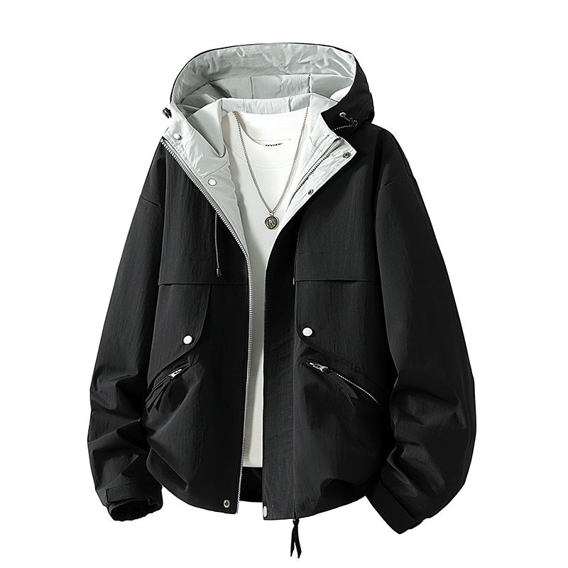 Unisex leichte windabweisende Übergangsjacke mit verstellbarer Kapuze, Kordelzug und Reißverschlusstaschen EB