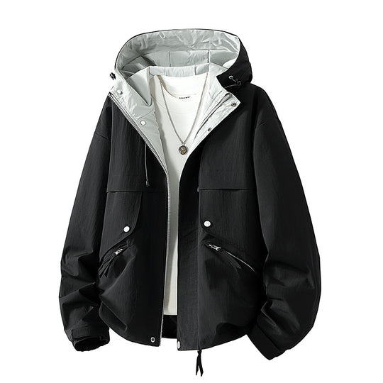 Unisex leichte windabweisende Übergangsjacke mit verstellbarer Kapuze, Kordelzug und Reißverschlusstaschen EB