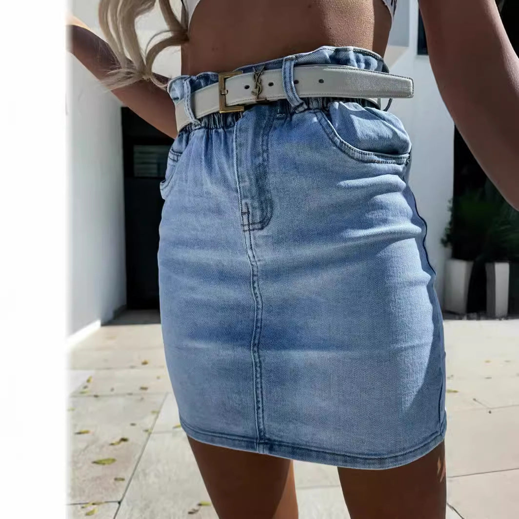 Damen Denim-Rock mit hohem Bund und modischem Gürtel EB