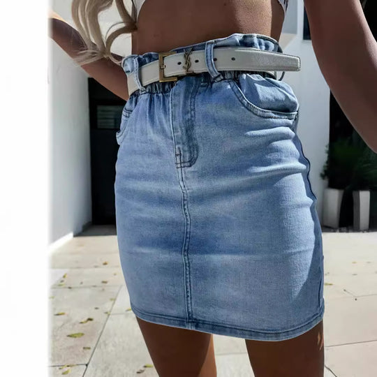 Damen Denim-Rock mit hohem Bund und modischem Gürtel EB