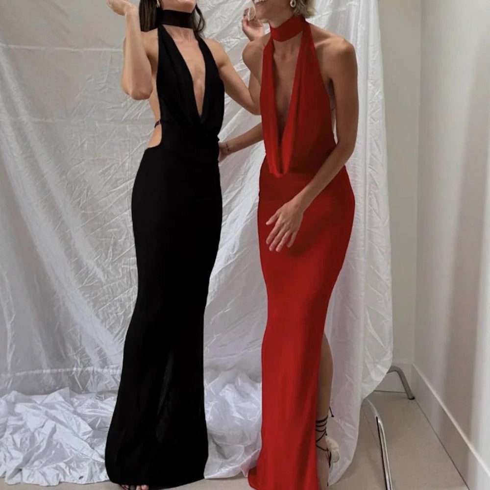 Damen Maxikleid mit elegantem Wasserfallausschnitt und figurbetontem Design EB