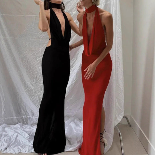 Damen Maxikleid mit elegantem Wasserfallausschnitt und figurbetontem Design EB