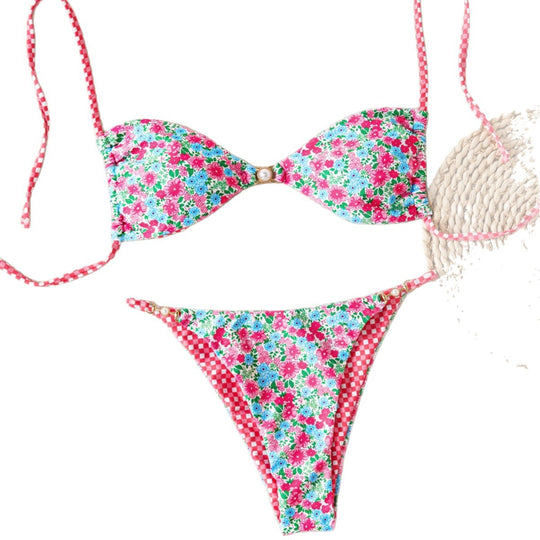 Damen Bikini-Set mit raffiniertem Leopardenmuster und eleganten Perlendetails EB
