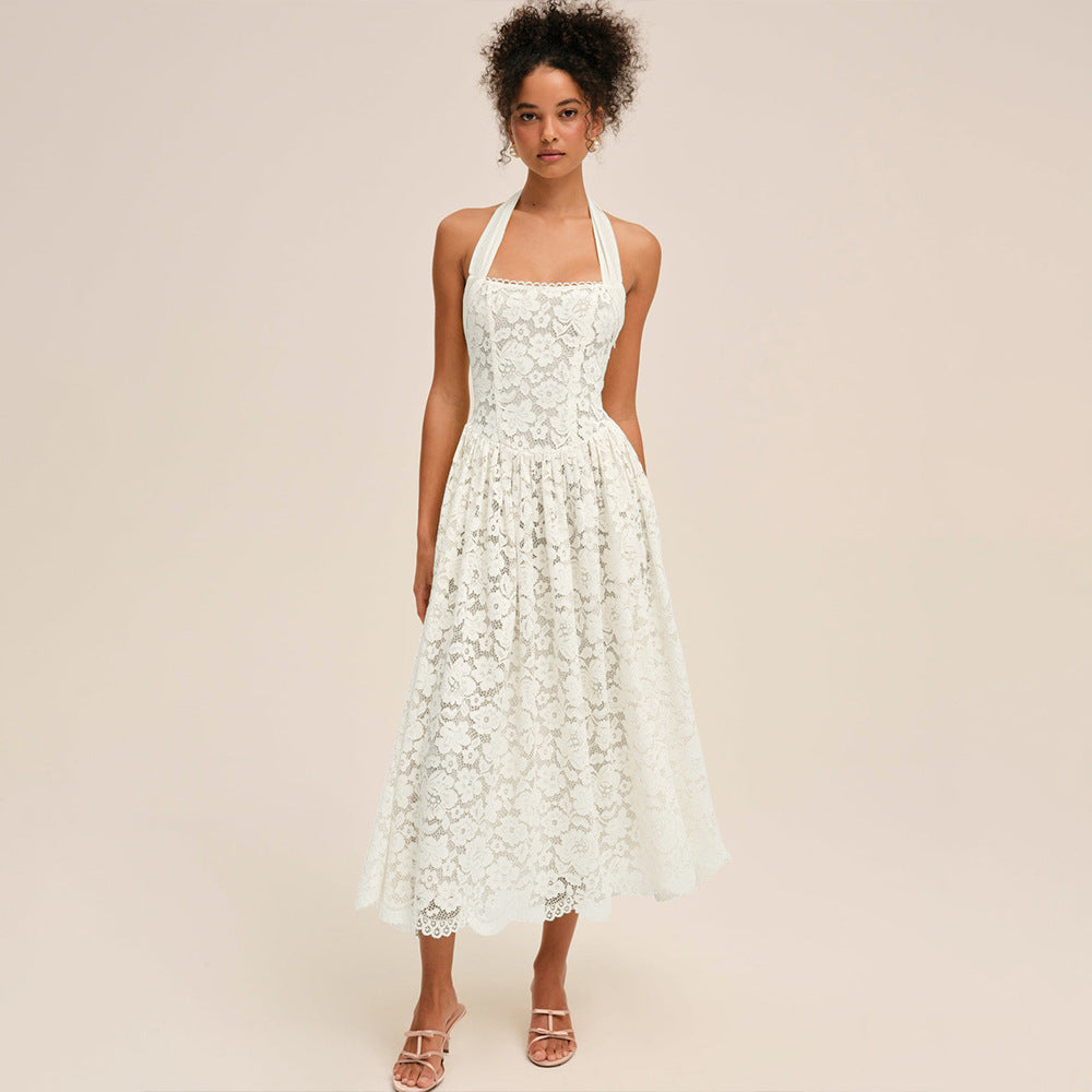 Damen Elegant Spitzenkleid mit geflochtenem Träger EB