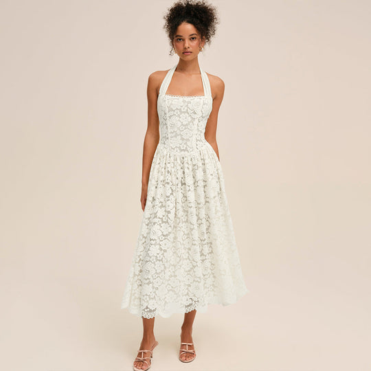 Damen Elegant Spitzenkleid mit geflochtenem Träger EB