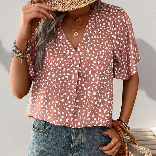 Damen V-Ausschnitt T-Shirt mit Leopardenmuster und fließendem Schnitt EB