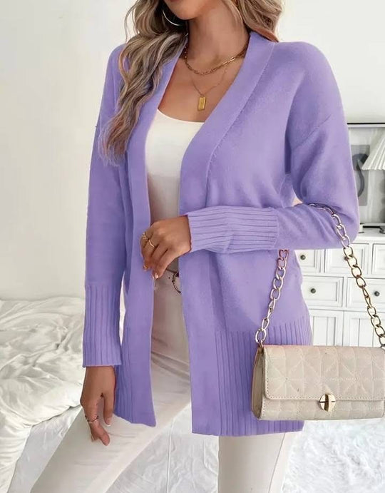 Damen Langer Strickcardigan mit feinen Rippdetails und lässigem Schnitt EB