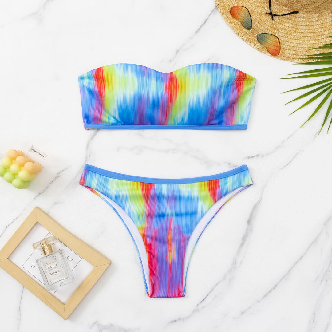 Damen Sportlicher Bikini mit buntem Wellenmuster EB