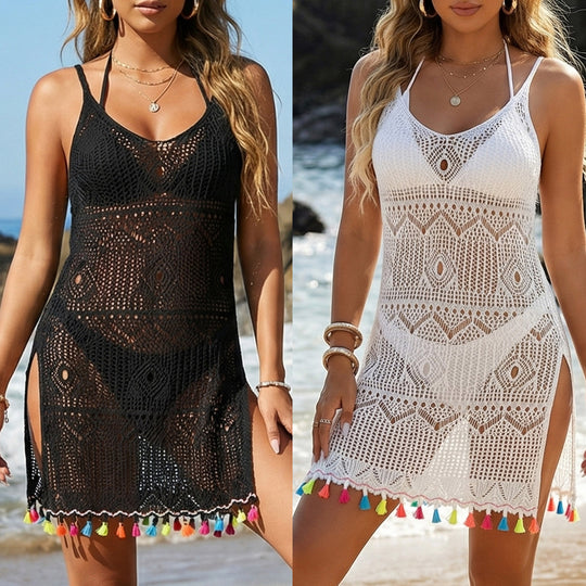 Damen Häkel-Strandkleid mit bunten Quasten EB